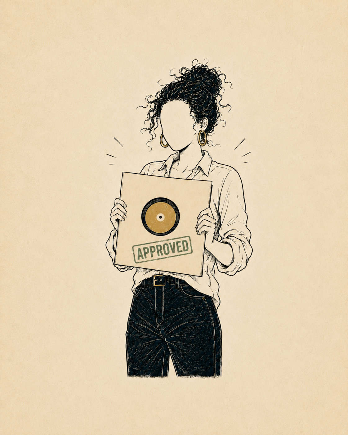 A woman holding an approved record sleeve