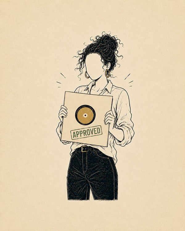 A woman holding an approved record sleeve